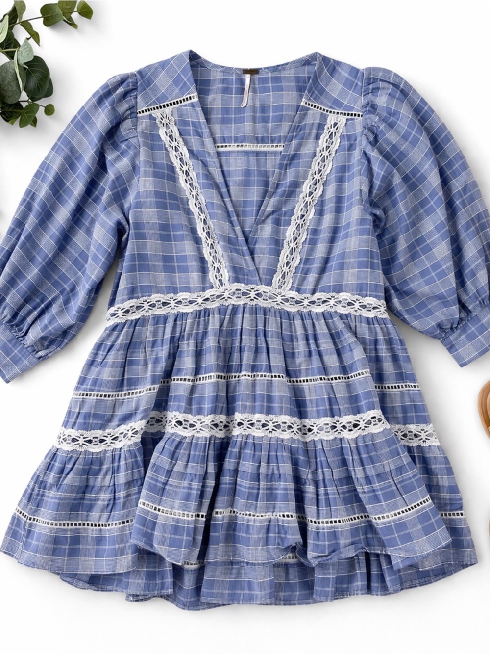 Free People Blue Plaid Lace Babydoll Mini Dress Boho Prairie Small - Picture 2 of 13